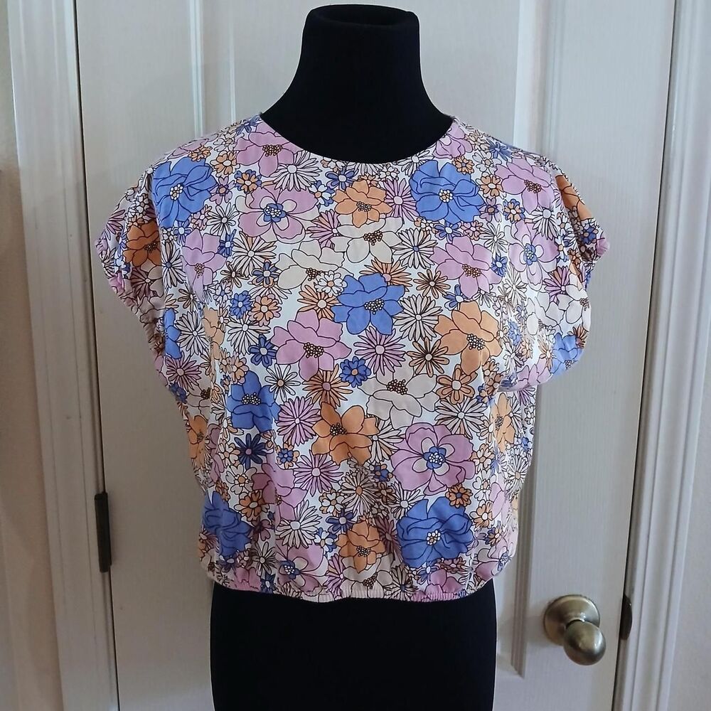 Zara Kids Retro All Over Print Floral Elastic Waist Cap Sleeve Blouse 13/14 Y2K